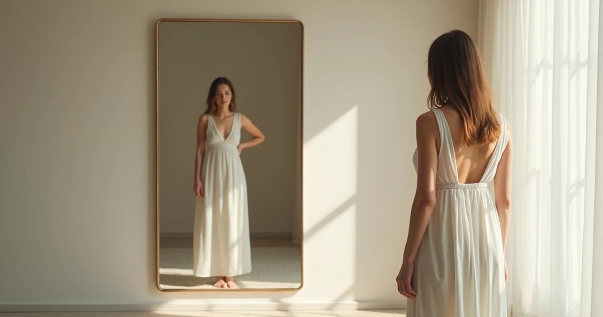 Pessoa olhando para o espelho refletindo sobre si mesma.