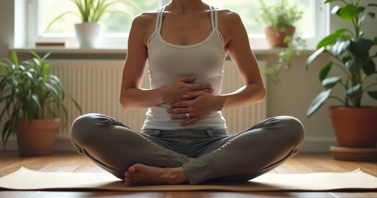 Pessoa praticando respiração abdominal sentada em tapete em casa 
