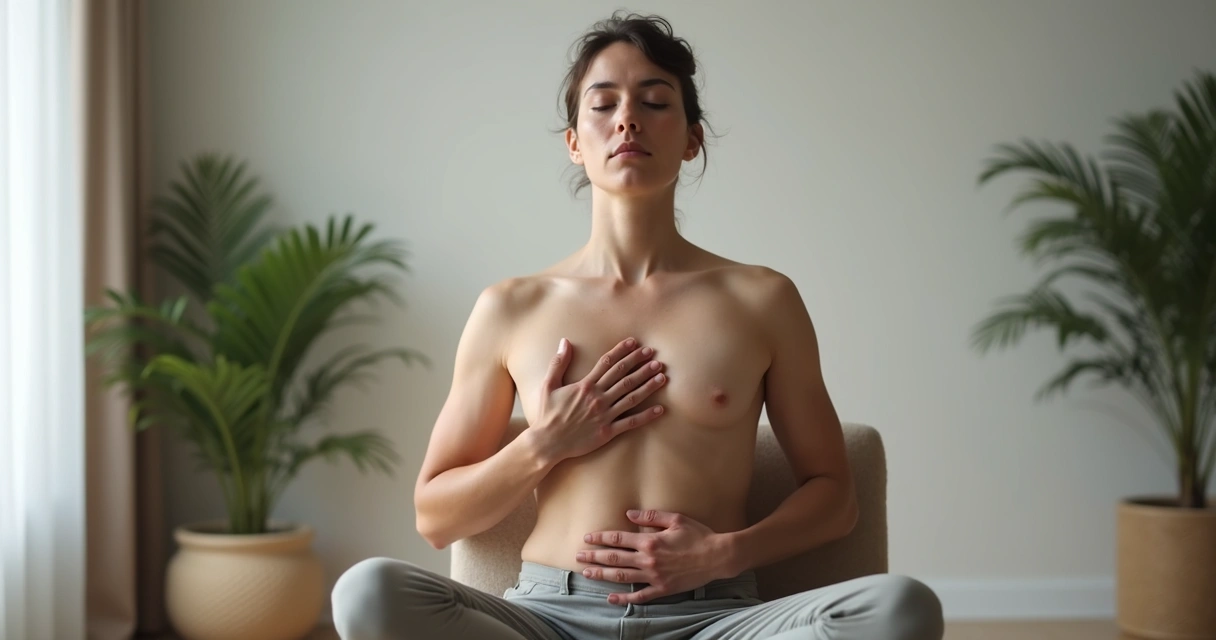 Pessoa sentada praticando respiração abdominal com mãos no abdômen