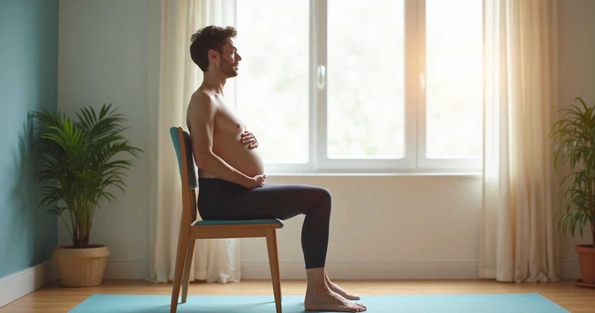 Pessoa sentada com as mãos sobre o abdômen praticando respiração consciente 