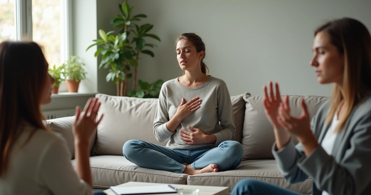 Pessoa respirando fundo com expressão serena entre duas pessoas em conflito 