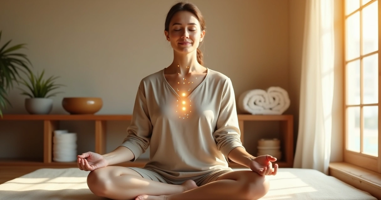 Pessoa em meditação com agulhas de acupuntura e destaque para a respiração profunda 