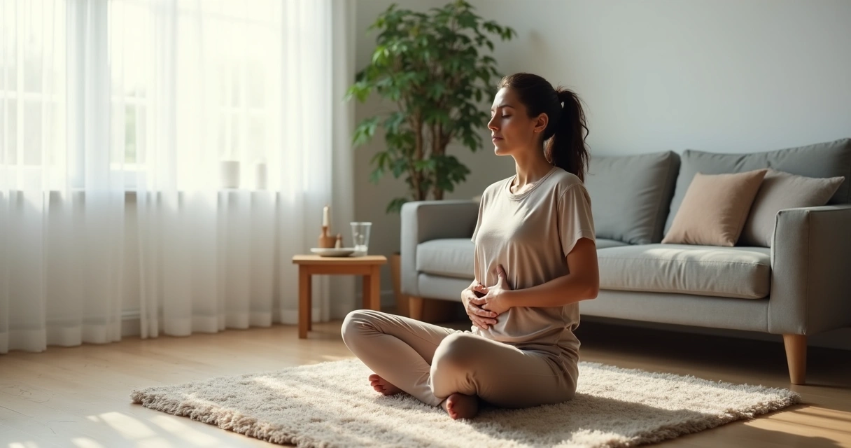 Mulher sentada no tapete praticando respiração profunda em sala iluminada 