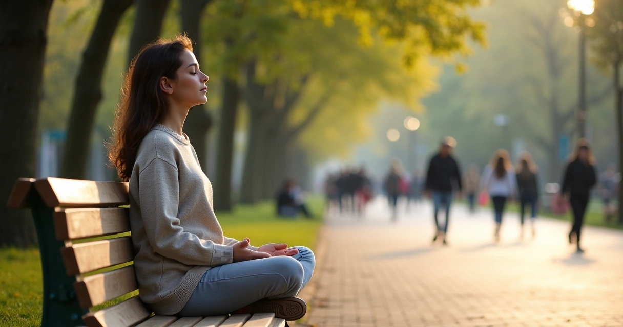 Pessoa sentada em banco de praça respirando fundo com pessoas ao fundo desfocadas 