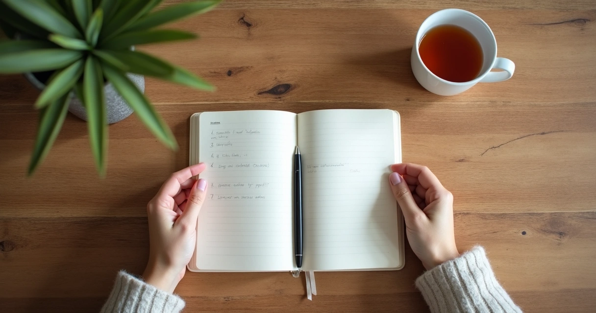 Caderno com lista de decisões ao lado de xícara e mãos em pausa