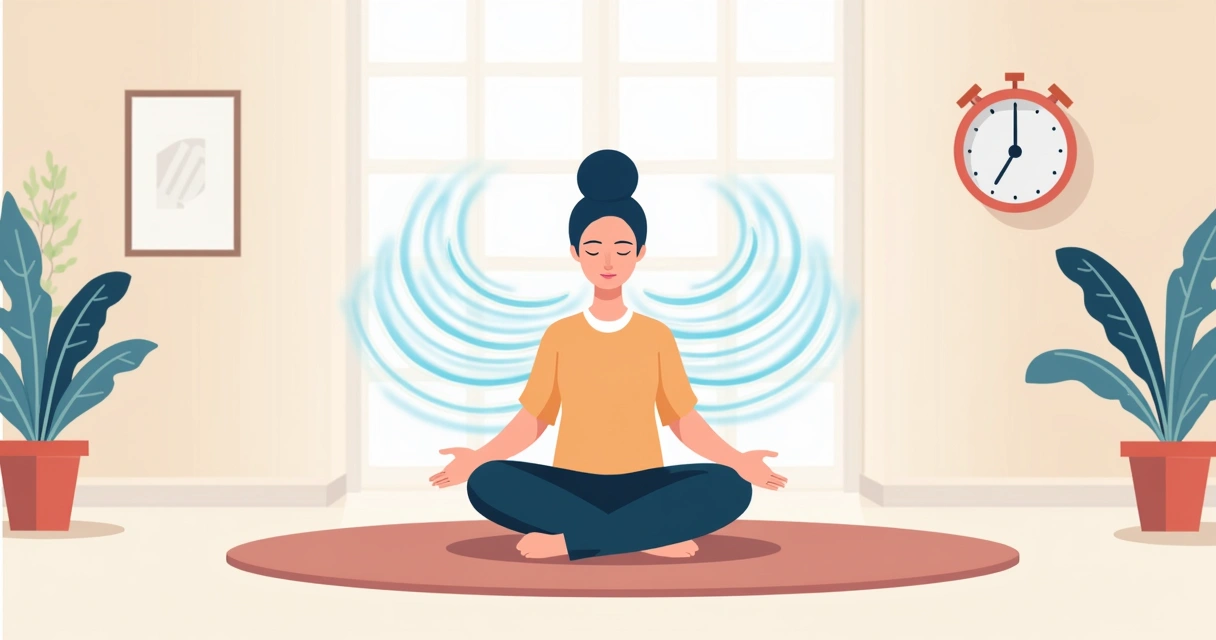 Pessoa sentada, olhos fechados, respirando profundamente em ambiente tranquilo 