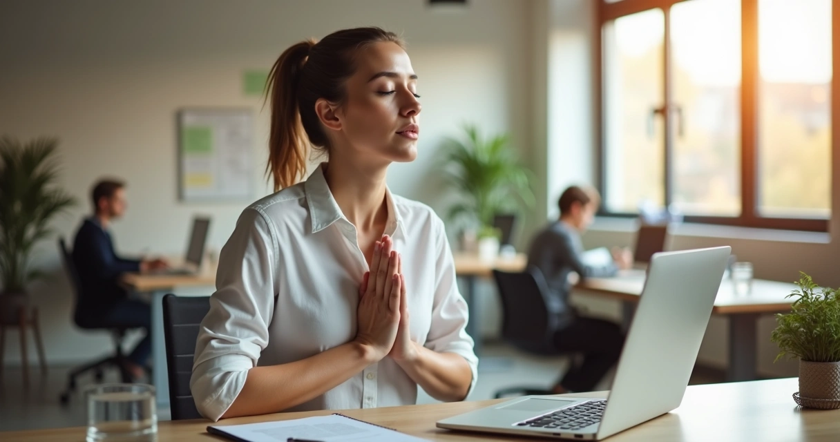 Profissional respirando profundamente com olhos fechados em mesa de trabalho 