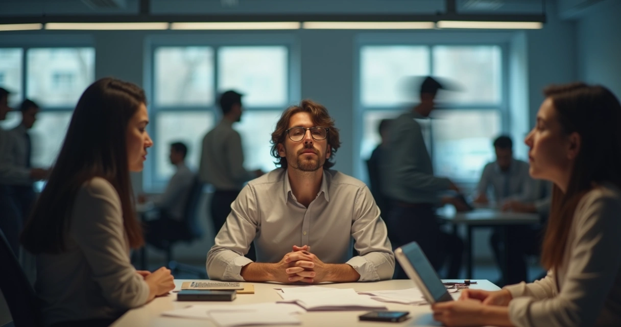 Pessoa respirando profundamente em meio ao caos, expressão serena, ambiente ao redor em movimento 