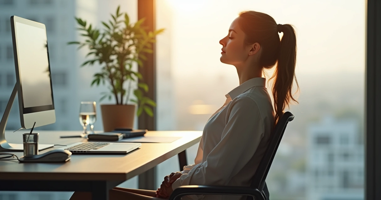 Líder sentado, olhos fechados, respirando profundamente em escritório 