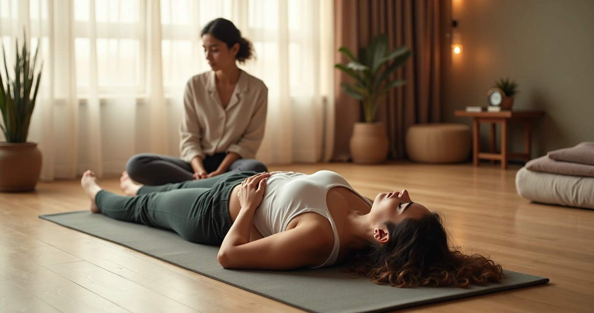 Pessoa respirando deitada em tapete com profissional acompanhando em ambiente calmo 