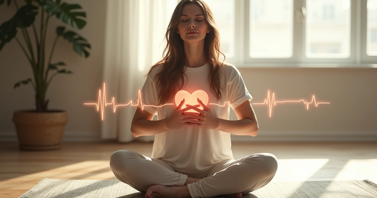 Pessoa sentada com as mãos no peito, respirando de olhos fechados, com uma linha ilustrando o ritmo cardíaco sobreposta ao peito 