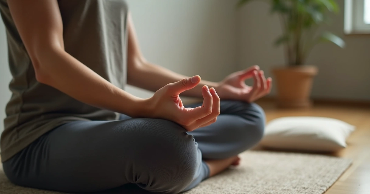 Close nas mãos sobre o colo durante meditação com postura estável e ambiente silencioso 