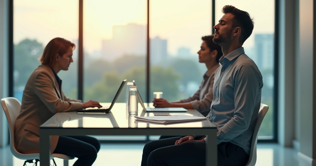 Pessoa respirando profundamente em meio a uma conversa tensa em ambiente de trabalho 