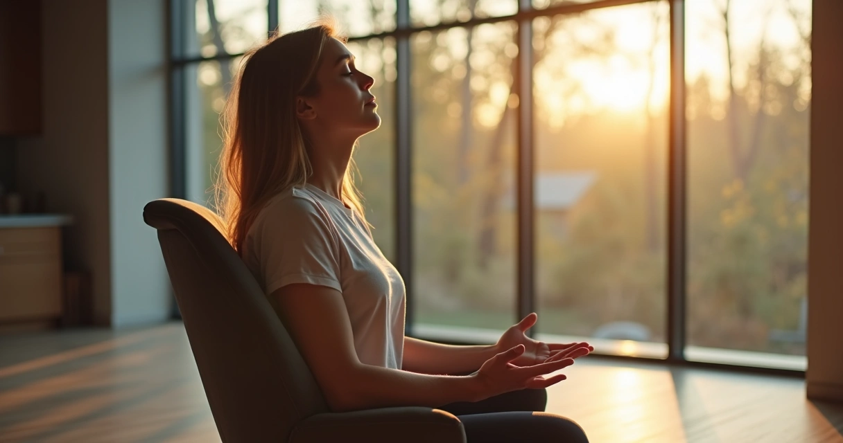 Pessoa sentada em uma cadeira, com olhos fechados, respirando fundo, ao fundo sala iluminada por luz natural. 