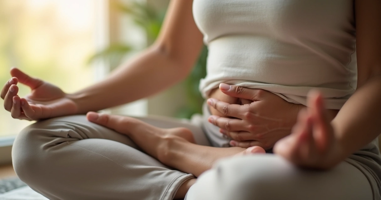 Mãos sobre o abdômen durante respiração consciente 
