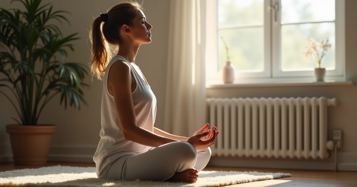 Pessoa sentada praticando respiração consciente, olhos fechados, ambiente tranquilo 