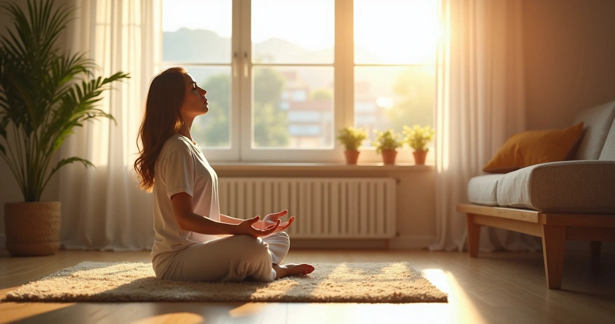 Pessoa sentada em posição confortável, respirando fundo e consciente