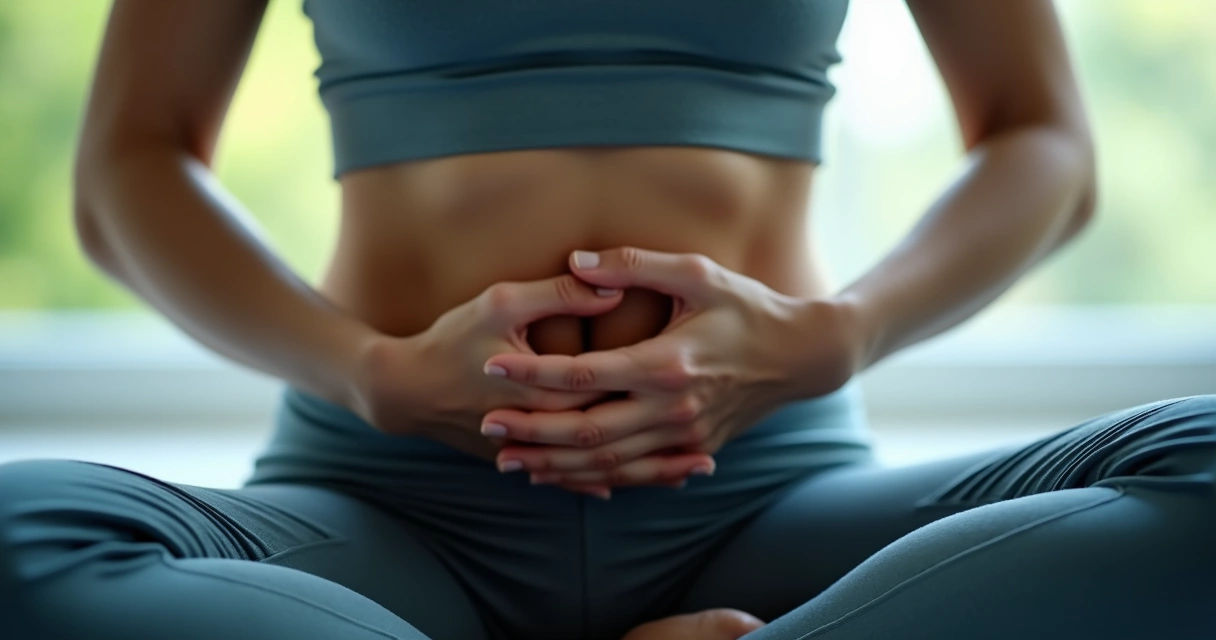 Mãos sobre o abdômen respirando profundamente 