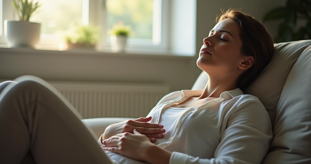 Pessoa sentada de olhos fechados respirando calmamente, com as mãos apoiadas sobre as pernas. 