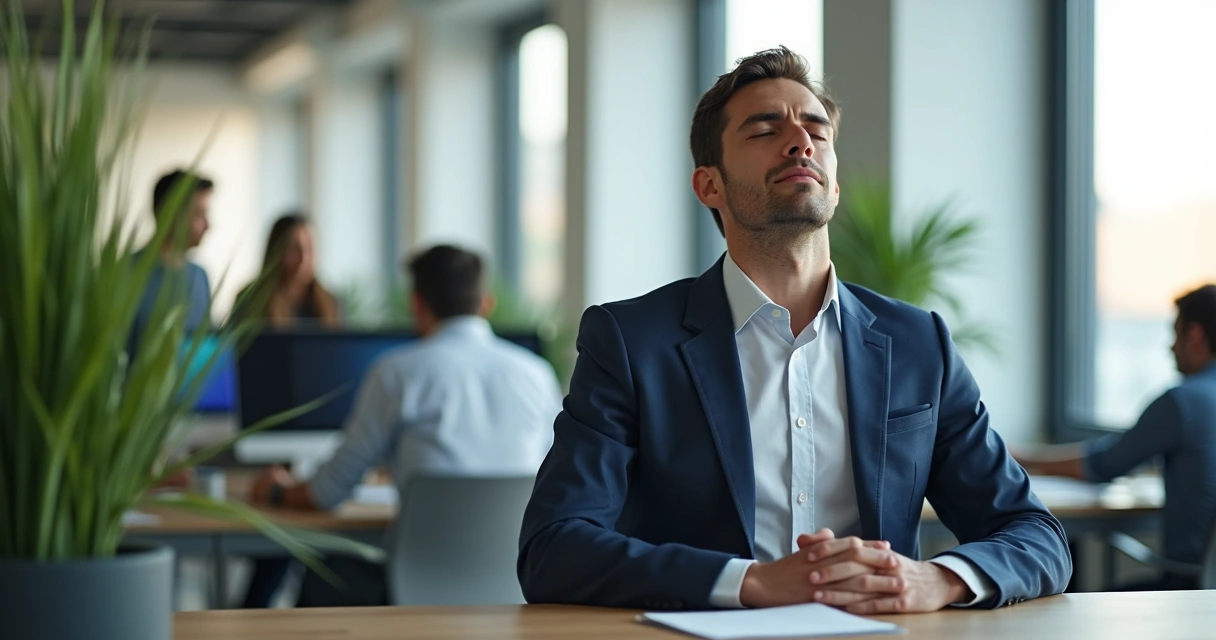 Homem sentado à mesa praticando respiração consciente em escritório moderno