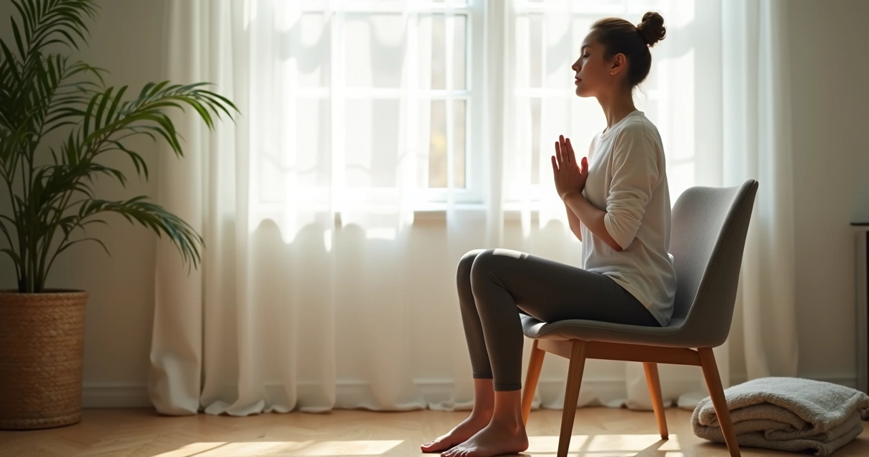 Pessoa sentada praticando respiração consciente em ambiente calmo 