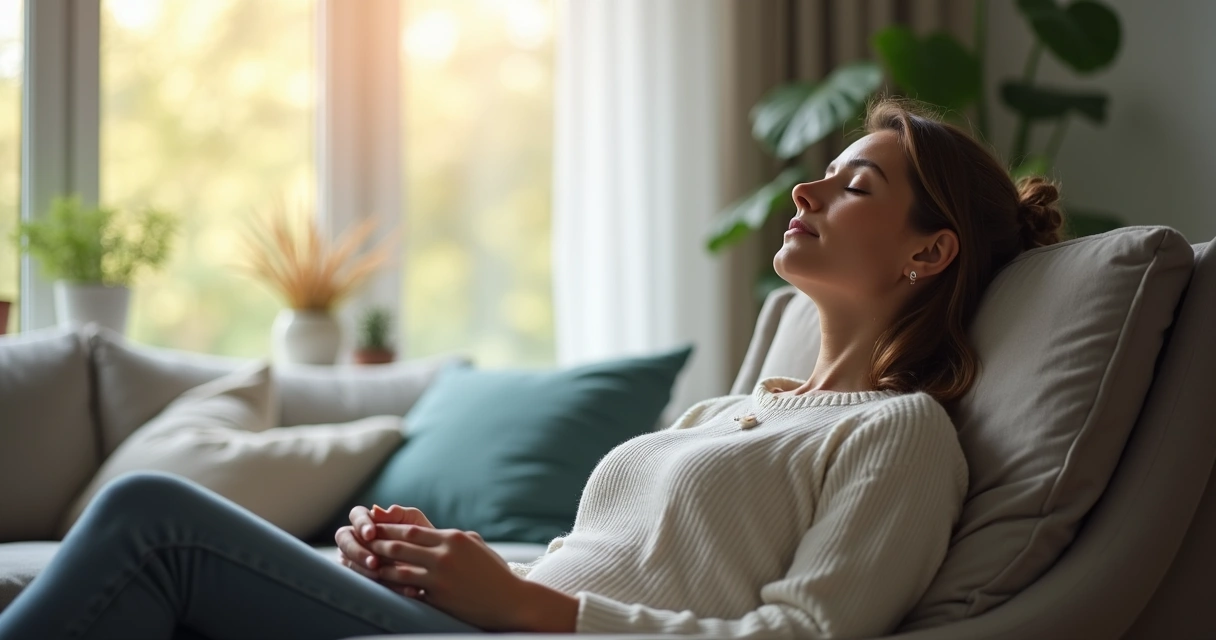Pessoa sentada em cadeira, olhos fechados, respirando profundamente, ambiente iluminado 