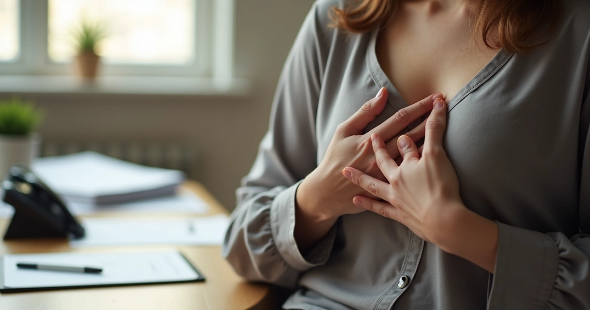 Mãos sobre o peito durante prática breve de respiração consciente 