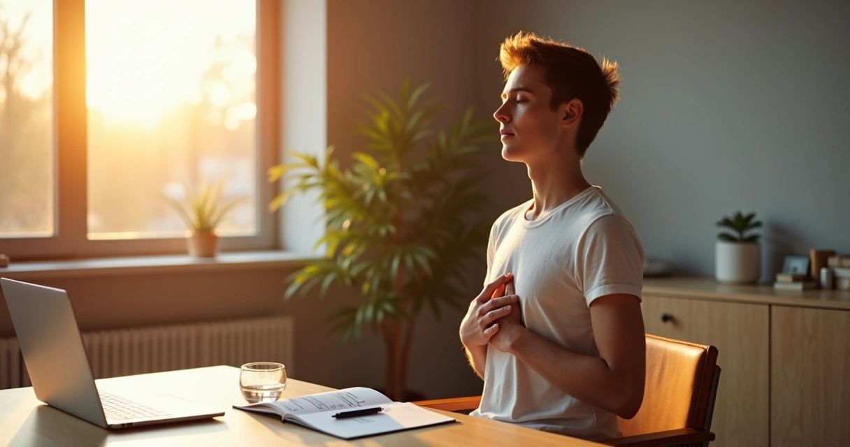 Pessoa sentada em posição de meditação respirando fundo diante de um bloco de anotações com decisões a tomar 