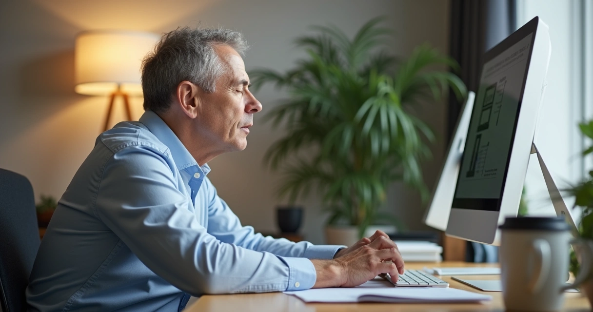 Pessoa trabalhando em computador respirando profundamente