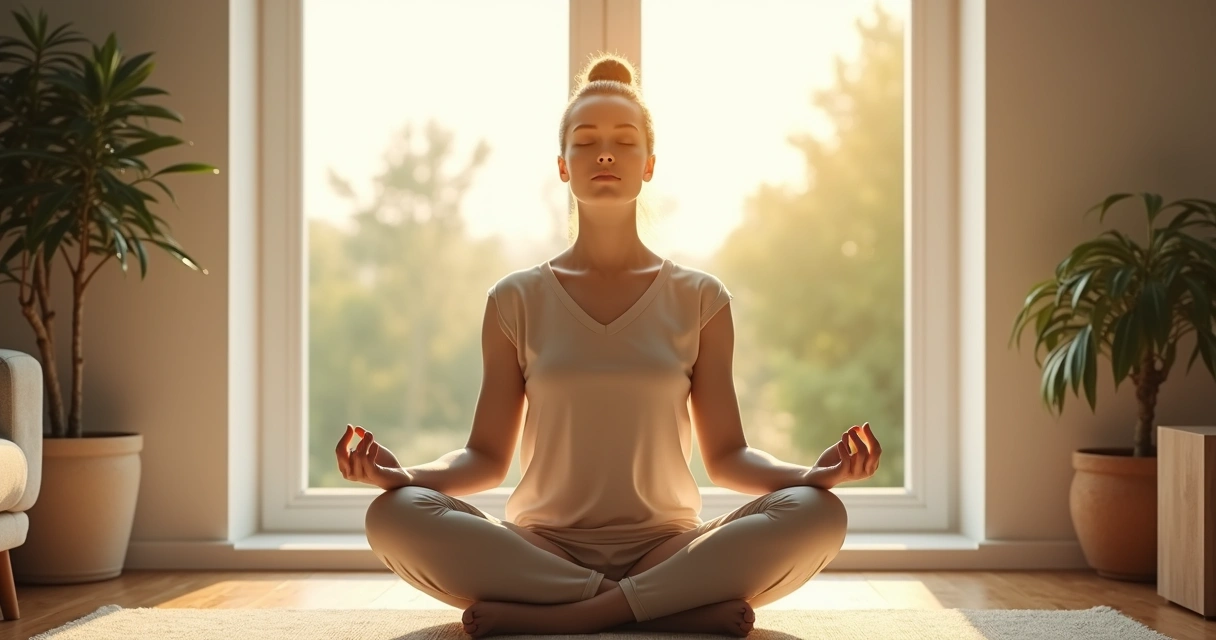 Pessoa sentada meditando perto de uma janela com luz natural suave 