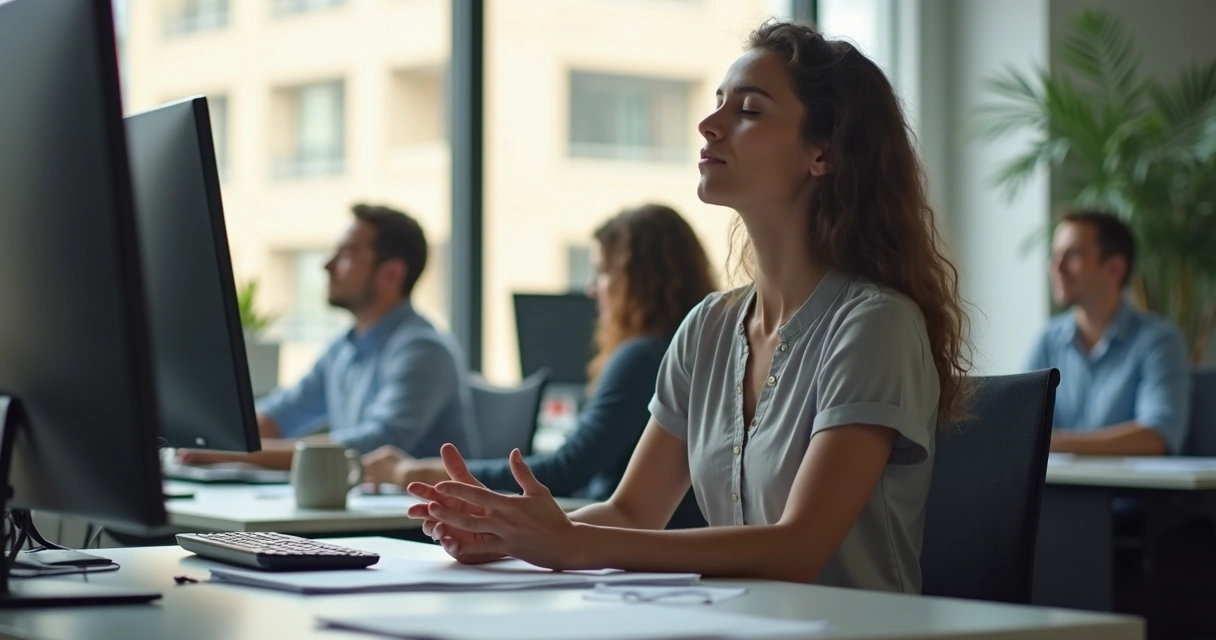 Pessoa sentada em mesa de escritório, olhos fechados, praticando respiração consciente 