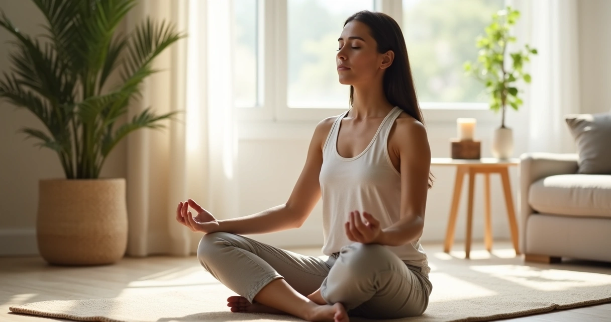 Pessoa sentada com olhos fechados praticando respiração consciente em ambiente tranquilo 