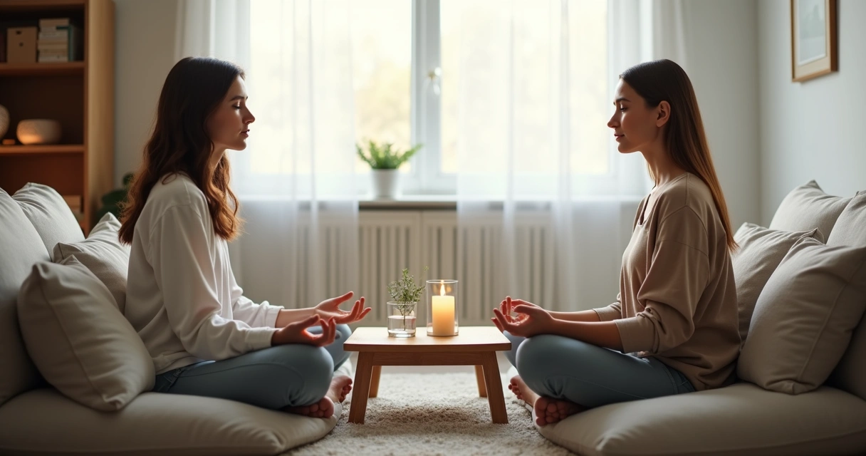 Duas pessoas sentadas frente a frente respirando profundamente para acalmar um conflito 