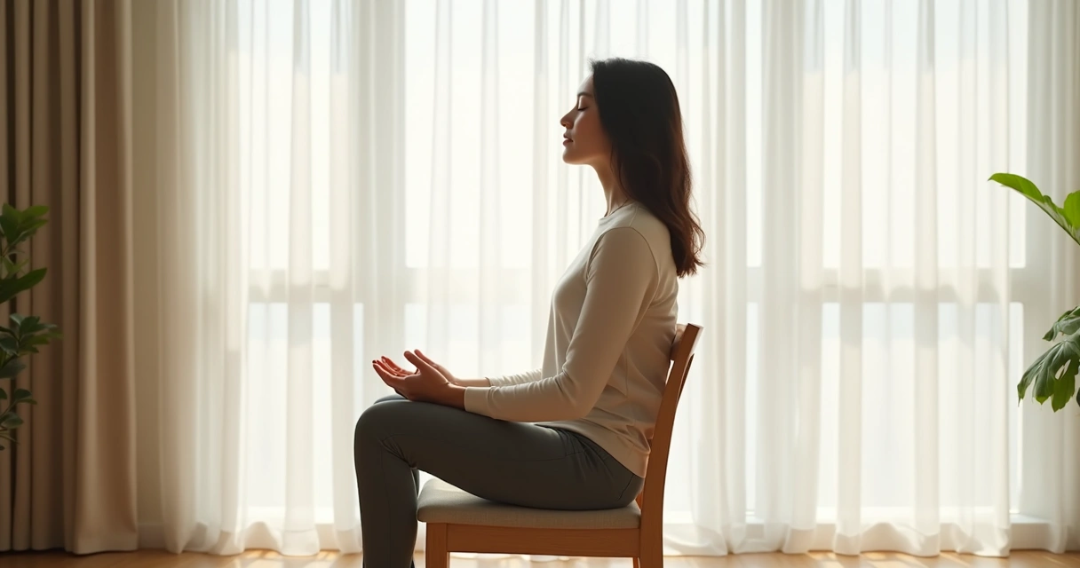 Pessoa sentada perto da janela praticando respiração consciente 