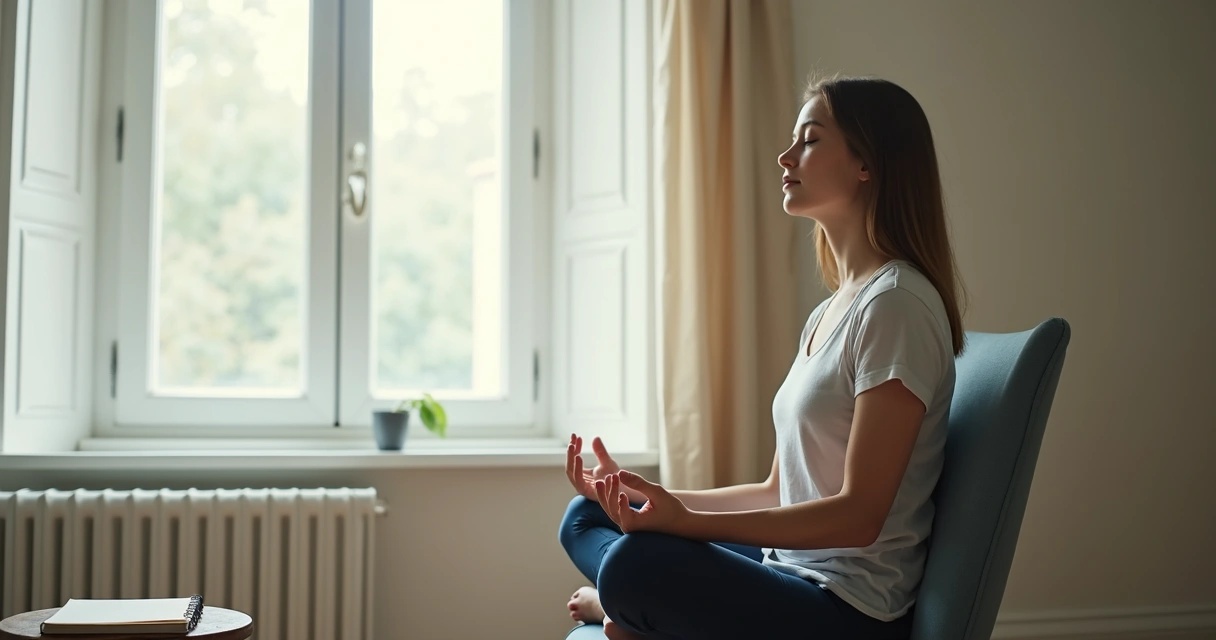Pessoa sentada perto da janela praticando respiração consciente em ambiente calmo