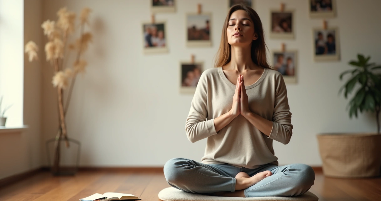 Mulher sentada em posição de meditação com olhos fechados e fotos antigas desfocadas ao fundo 