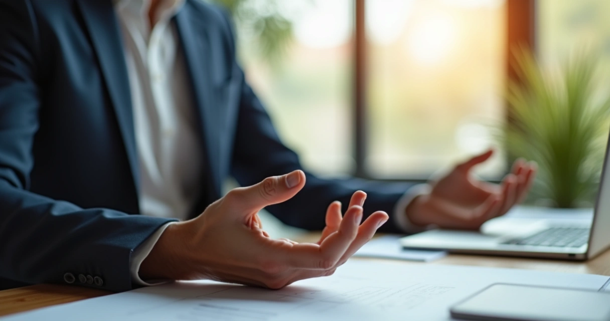 Pessoa fazendo respiração consciente em escritório moderno