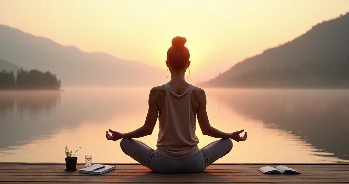 Mulher sentada em posição de meditação praticando respiração consciente ao nascer do sol 