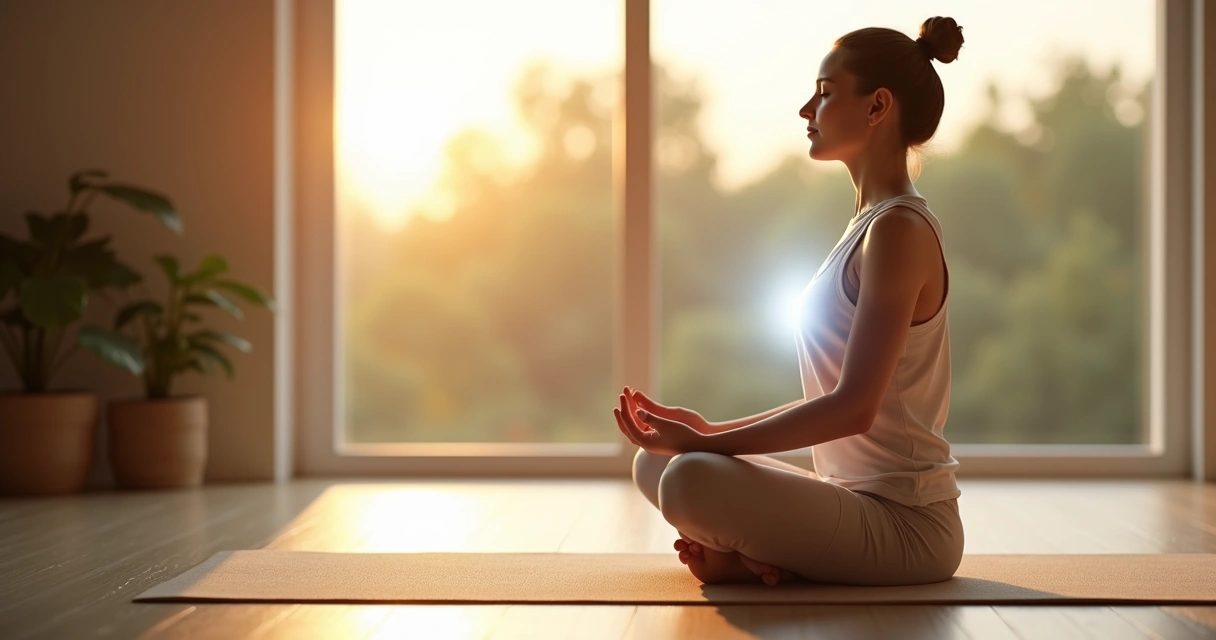 Pessoa sentada meditando com respiração consciente em ambiente calmo 