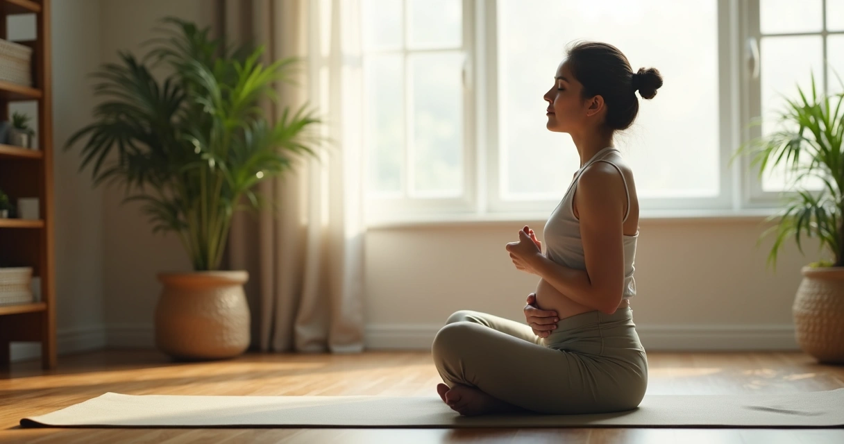 Pessoa sentada sentindo o movimento da respiração com mão no abdômen 
