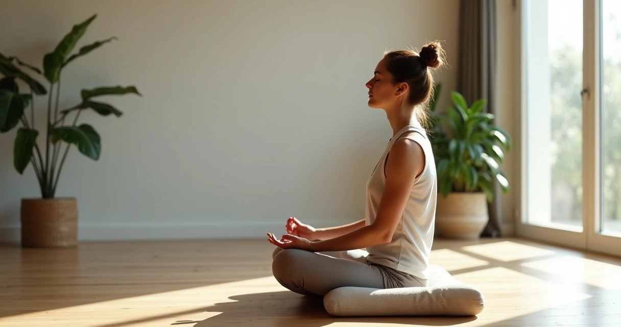 Pessoa de olhos fechados, em posição confortável, focada na respiração consciente, ambiente tranquilo e luz natural 