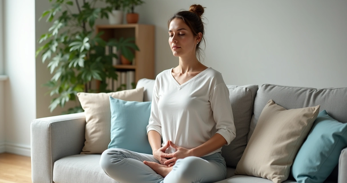 Mulher sentada no sofá praticando respiração consciente em ambiente iluminado 