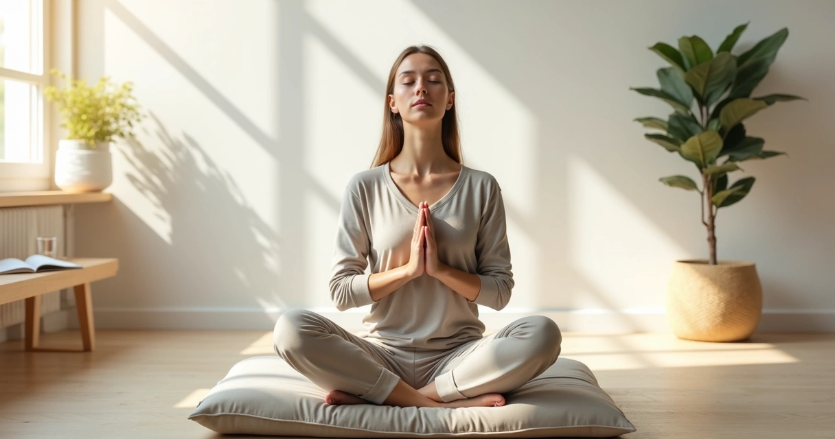 Pessoa sentada em meditação respirando profundamente em uma sala clara e tranquila 