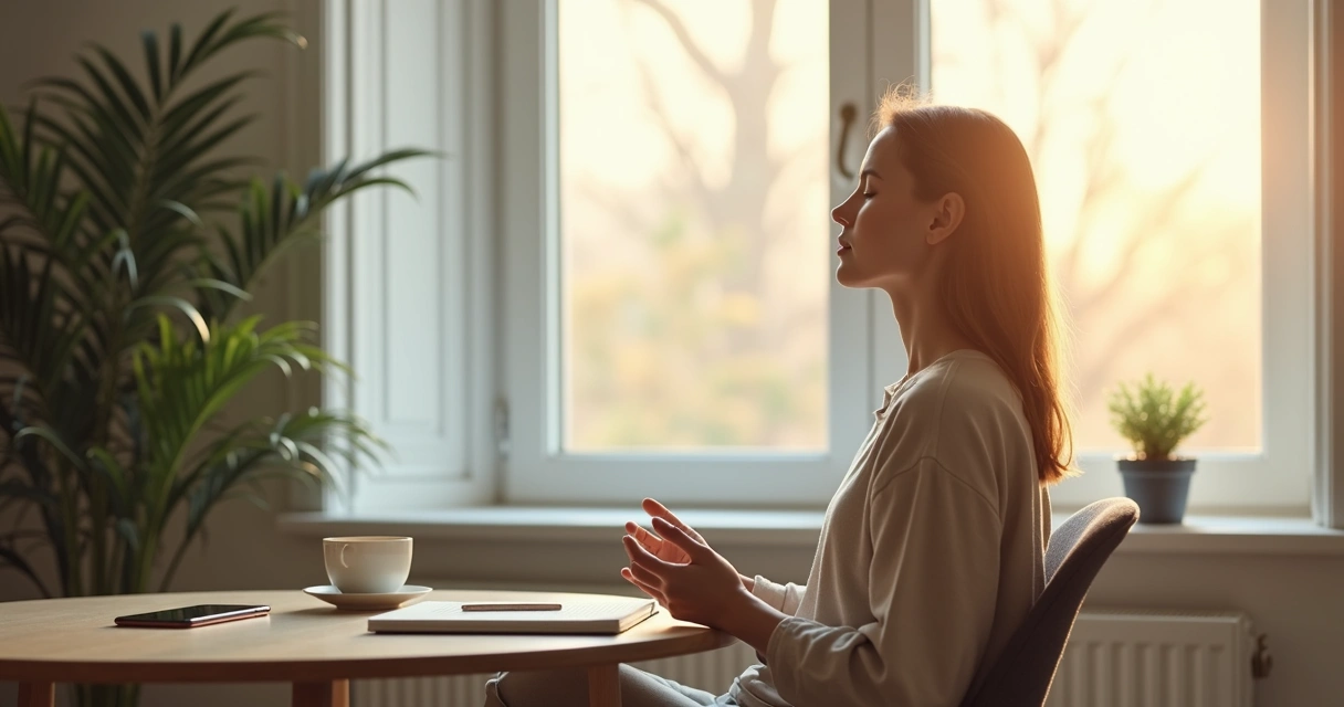 Pessoa respirando com calma diante de uma mesa de trabalho