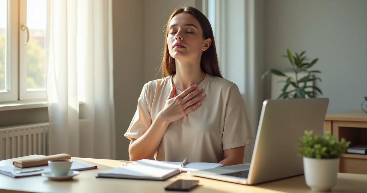 Pessoa fazendo pausa de respiração na mesa de trabalho 