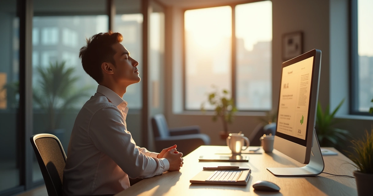 Pessoa sentada à mesa do escritório, olhos fechados, praticando respiração consciente durante o expediente