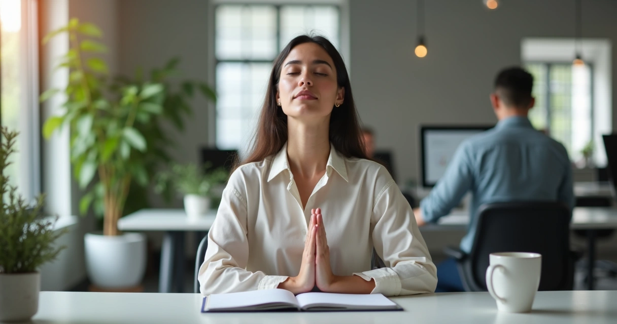 Mulher sentada em escritório praticando respiração consciente, olhos fechados 