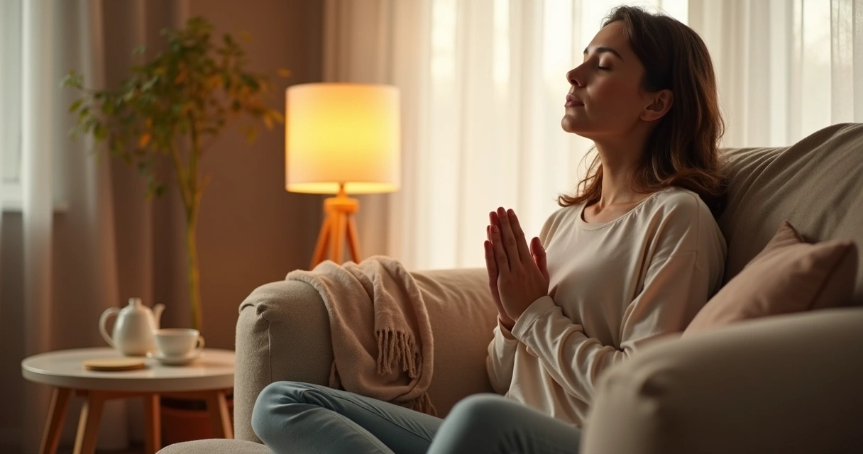 Mulher sentada em um sofá, olhos fechados, respirando profundamente, com ambiente acolhedor ao fundo. 