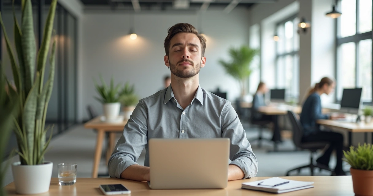 Profissional sentado à mesa de trabalho praticando respiração consciente no escritório 
