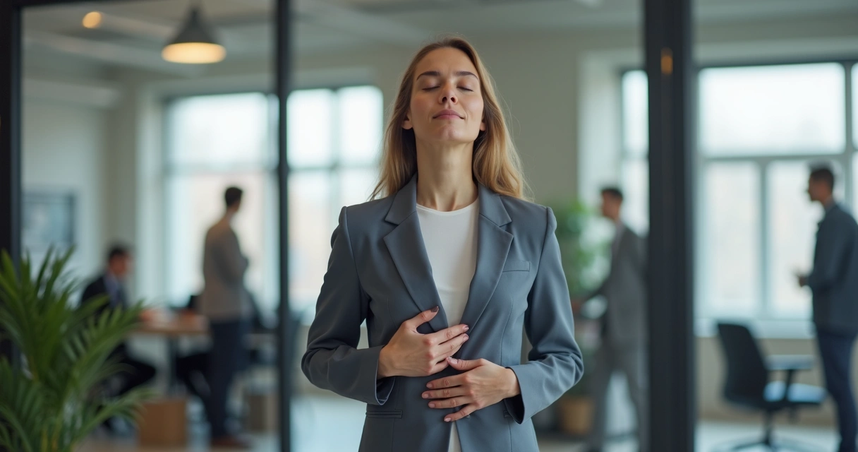 Pessoa com uma mão no peito e outra no abdômen respirando profundamente em um ambiente de escritório
